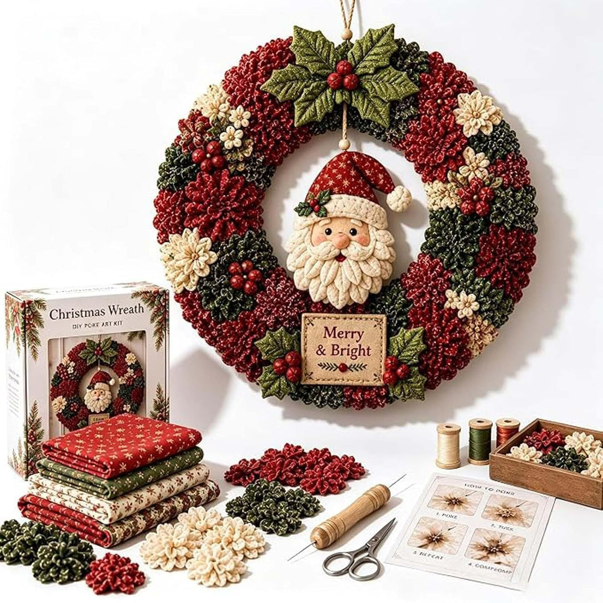 FAVIPT 3D Fabric Poke Wreath DIY Kit, Christmas Wreath DIY Kits for Adults
