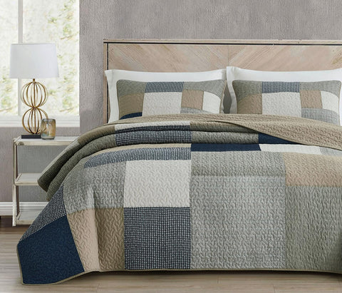 Chezmoi Collection Addy 3-Piece Navy Blue White Gray Taupe Plaid Patchwork Quilt Set - Pre-Washed Cotton Coverlet - Lightweight Reversible Bedspread, King Size