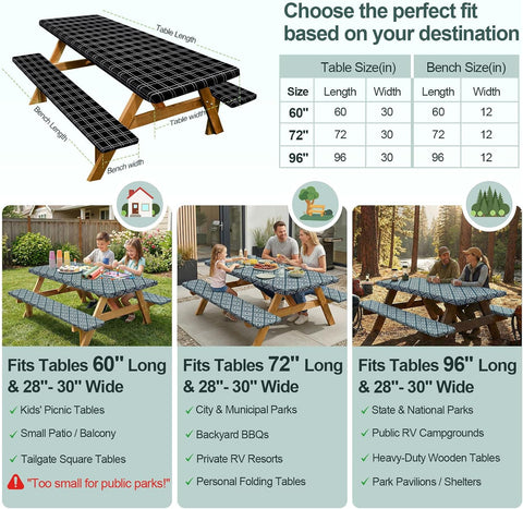 Picnic Table Cover with Bench Covers Camping Essentials Waterproof Windproof Camping Tablecloth with Drawstring Bag, Fitted Rectangle Tables and Seats, 72in, Black Checkered