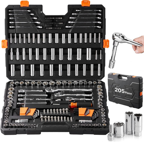VEVOR Mechanics Tool Set, 205 Pcs SAE and Metric Sockets, 1/4" 3/8" 1/2" Drive Deep and Standard Sockets, Chrome Vanadium Steel, Polyethylene