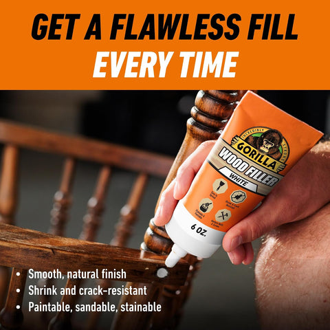 Gorilla Wood Filler, Water Resistant, White, 6 oz Tube