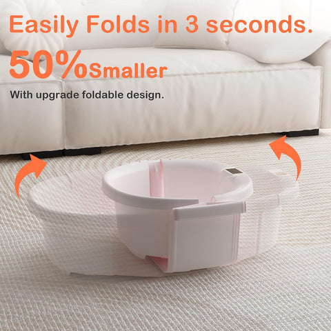 Collapsible Baby Bathtub - Large Baby Bath Tub with Thermometer & Cushion | Travel Portable Newborn Infant Bathtub | Foldable Toddler Bathtub for Baby 0 to 36 Months (Pink)