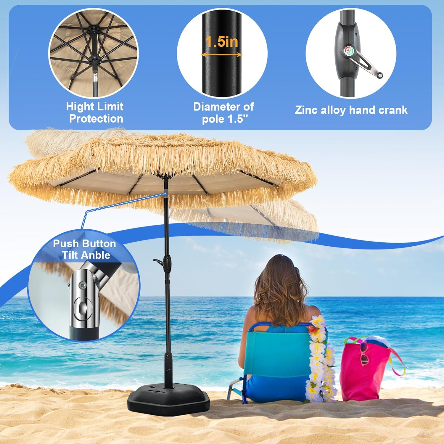 8FT Hula Tiki Thatched Patio Beach Umbrella Hawaiian Style for Outdoor
