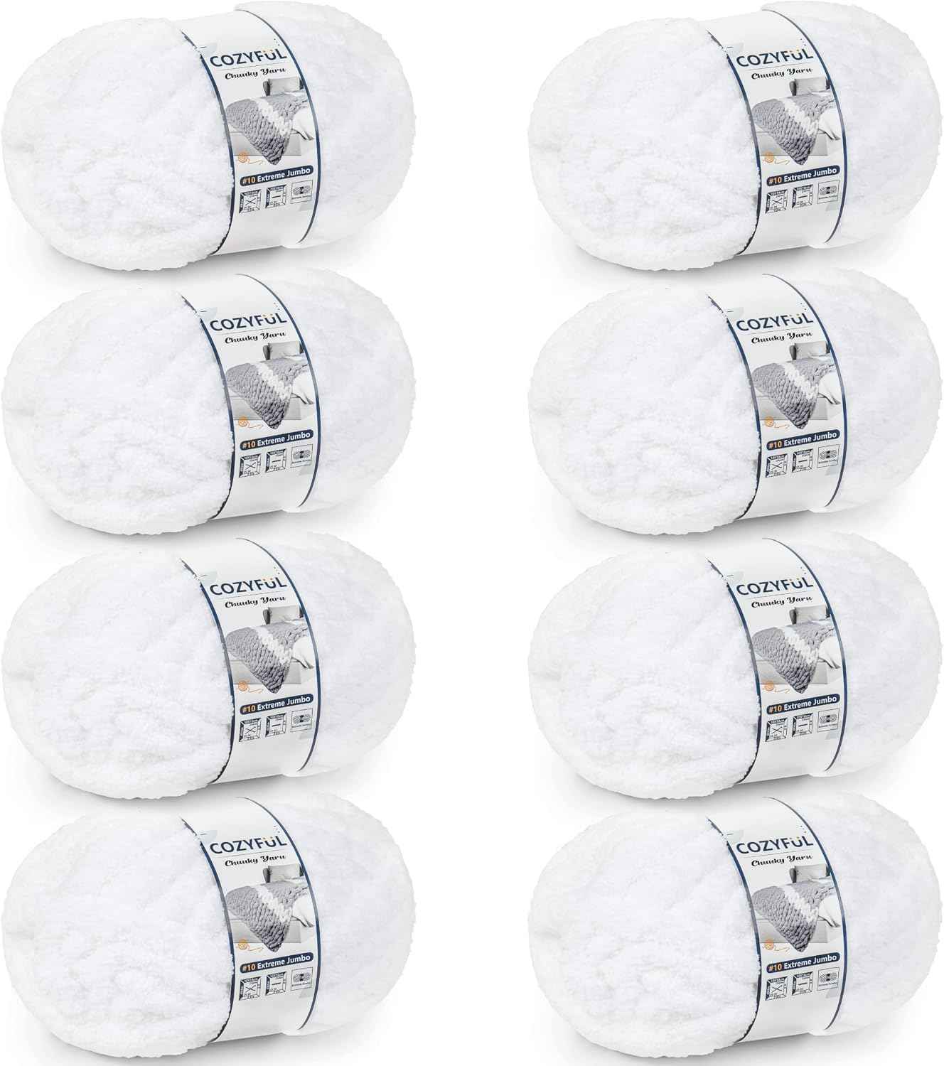 Cozyful Chunky Yarn for Hand Knitting - #10 Chunky Chenille Yarn, Jumbo Big Thick Chunky Yarns for Crocheting, Super Bulky Chunky Knit Blanket Yarns, 8 Skein (22 yds 8 oz Each Skein), Pure White