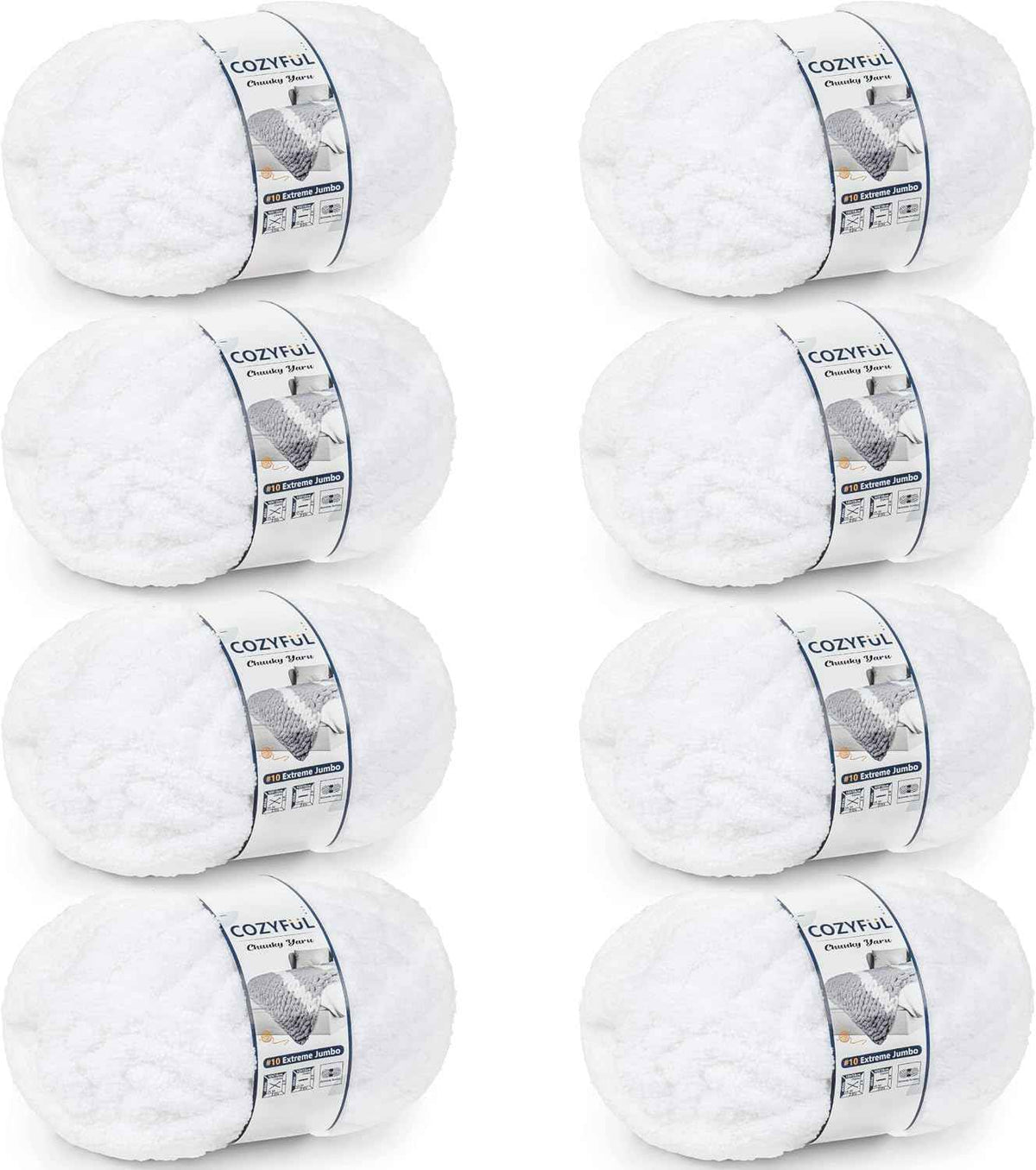 Cozyful Chunky Yarn for Hand Knitting - #10 Chunky Chenille Yarn, Jumbo Big Thick Chunky Yarns for Crocheting, Super Bulky Chunky Knit Blanket Yarns, 8 Skein (22 yds 8 oz Each Skein), Pure White