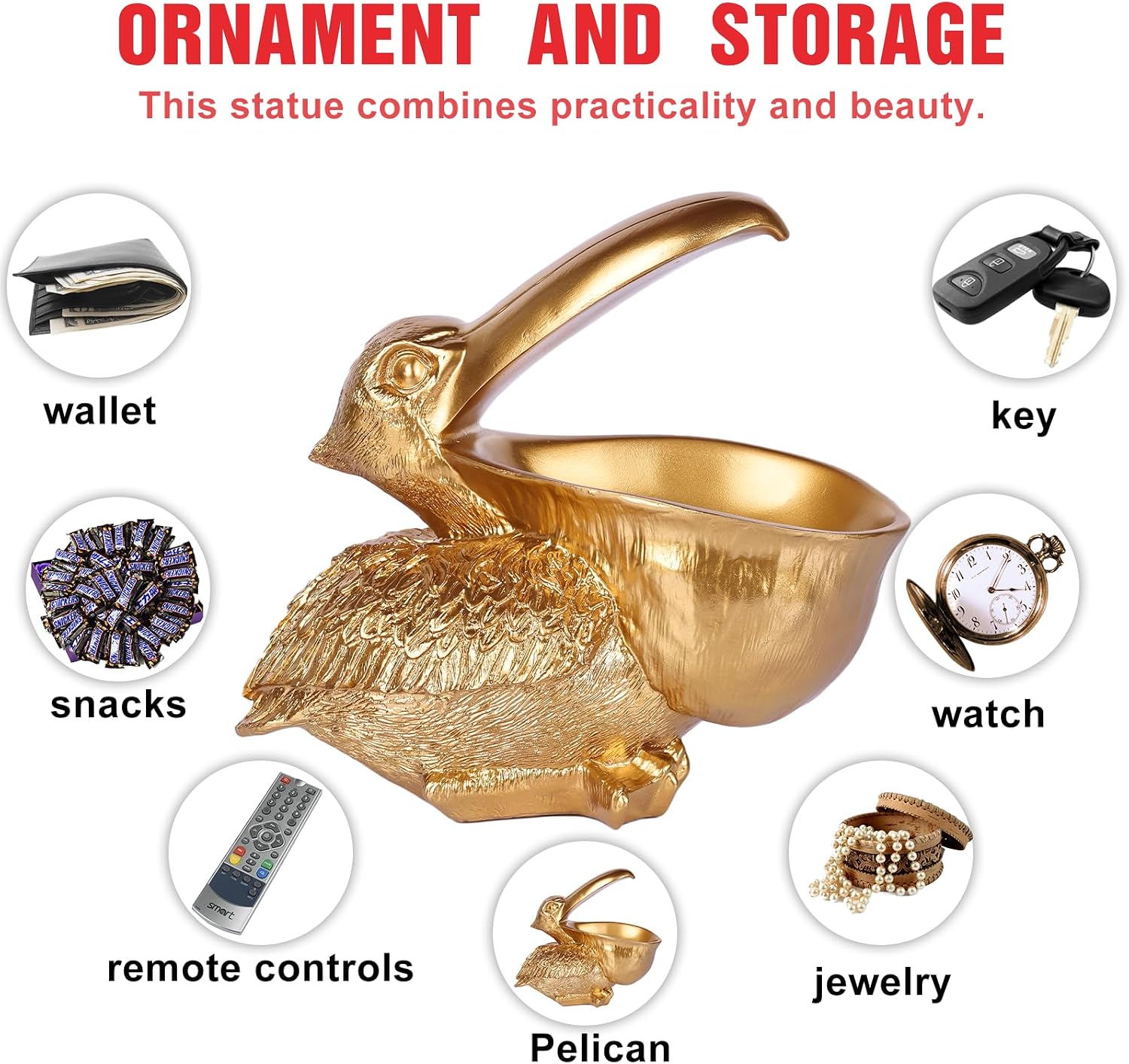 Pelican Key Holder Statues,Fun Animal Hippo Candy Dish,Candy Dish for Office Desk Unique,Modern Key Holder for Pelican Figurine,Suitability Desk and Entry Table Decor Items (All Gold)