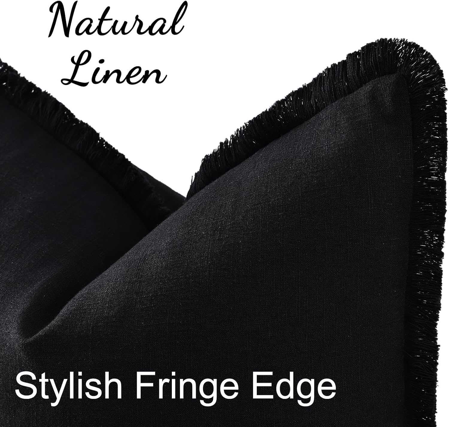 decorUhome Linen Fringe Black Throw Pillow Covers 16x16 Set of 2