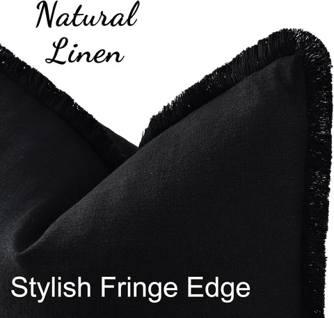 decorUhome Linen Fringe Black Throw Pillow Covers 16x16 Set of 2