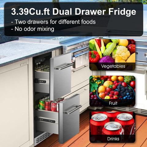 15 Inch Outdoor Drawer Fridge, Under Counter Double Drawer Beverage Refrigerator, 3.39 Cu.Ft., Silver, BC-96WS