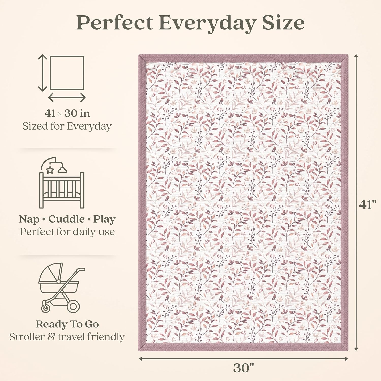 Mouliss Muslin Baby Blanket, Cable Knit, 41x30 in, Dusty Rose Leaves
