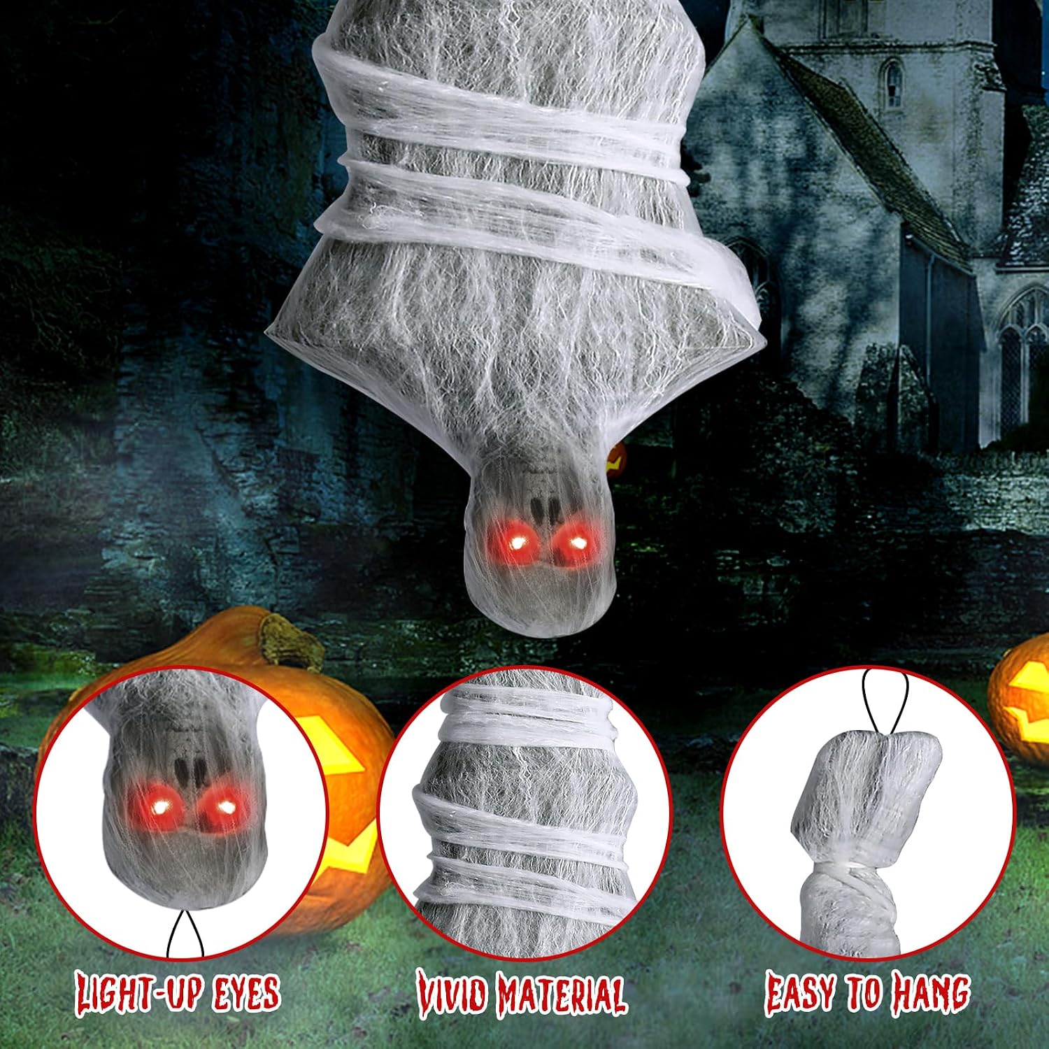 Halloween Decorations, 72 inches Scary Hanging Cocoon Corpse Props with Spooky Sound Effect and Lighted LED Eyes, Halloween Decorations Outdoor for Garden Lawn Indoor