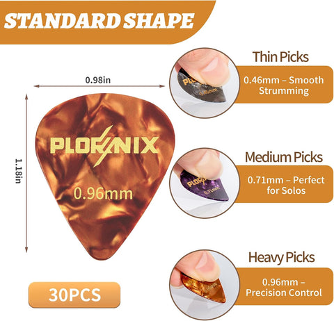 30 pack Celluloid Guitar Picks - 3 Different Thickness Colorful Guitar Pick with Metal Storage Box, Guitar Picks for Acoustic Guitar, Electric Guitar, Bass, Ukulele, 0.46mm/ 0.71mm/ 0.96mm