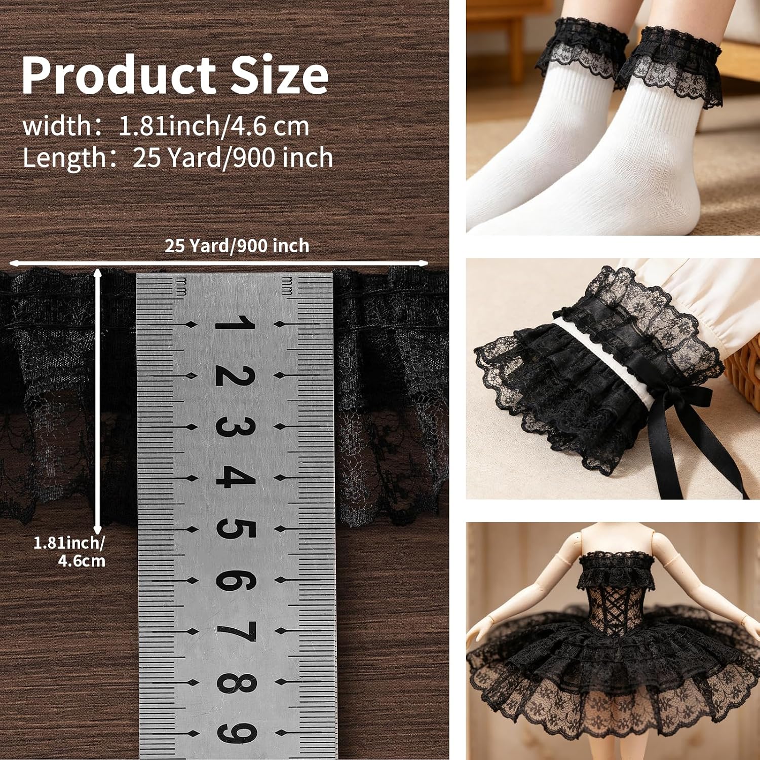 Lace Trim Ribbon, Ruffle Ribbon, 6-Yard Black Lace Ribbon,1.8 Inch Width Blacks Laces Trims, Delicate Floral Pattern Ribbons for Crafts Sewing and Dress Applique Decorations, Black