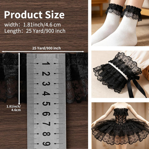 Lace Trim Ribbon, Ruffle Ribbon, 6-Yard Black Lace Ribbon,1.8 Inch Width Blacks Laces Trims, Delicate Floral Pattern Ribbons for Crafts Sewing and Dress Applique Decorations, Black