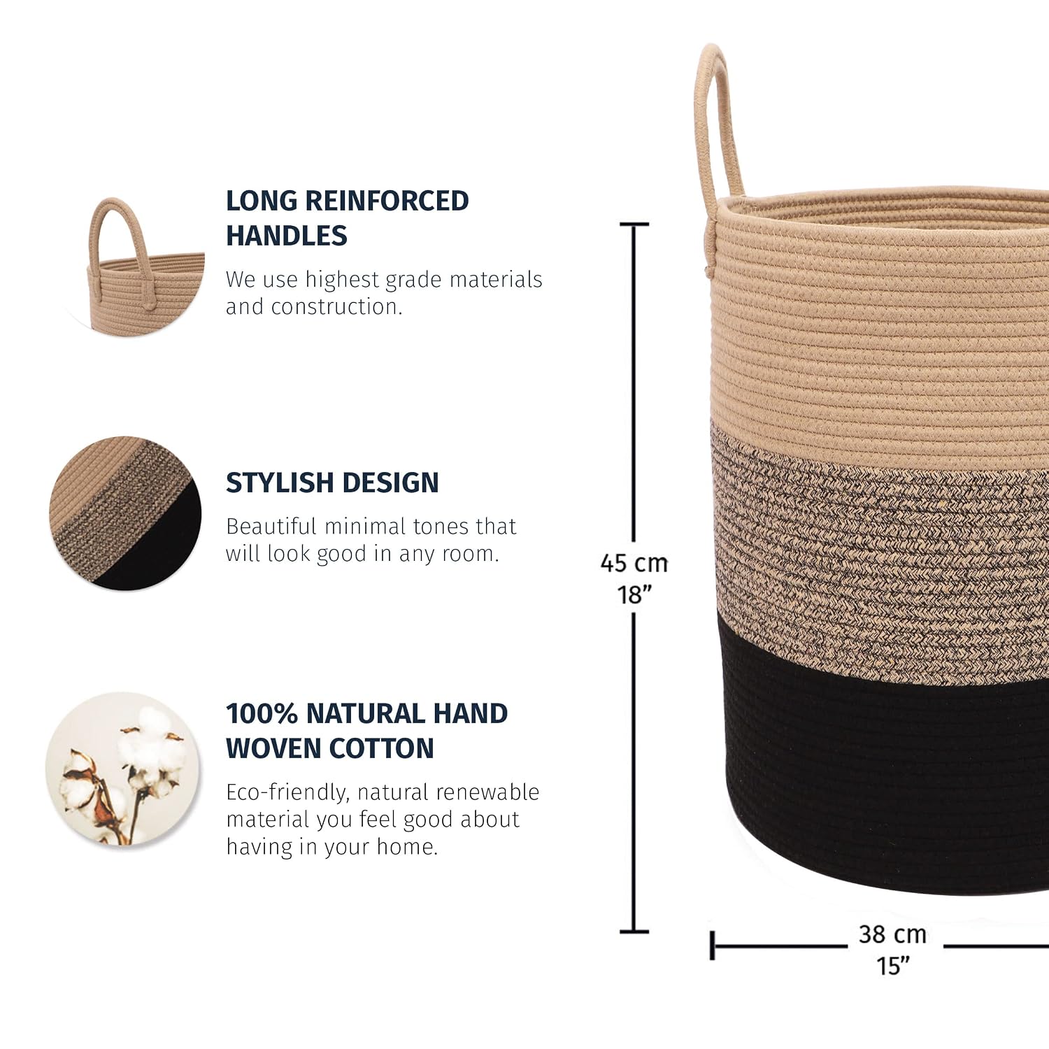 OrganiHaus Tall Cotton Rope Laundry Basket & Hamper, Blanket Storage 52L