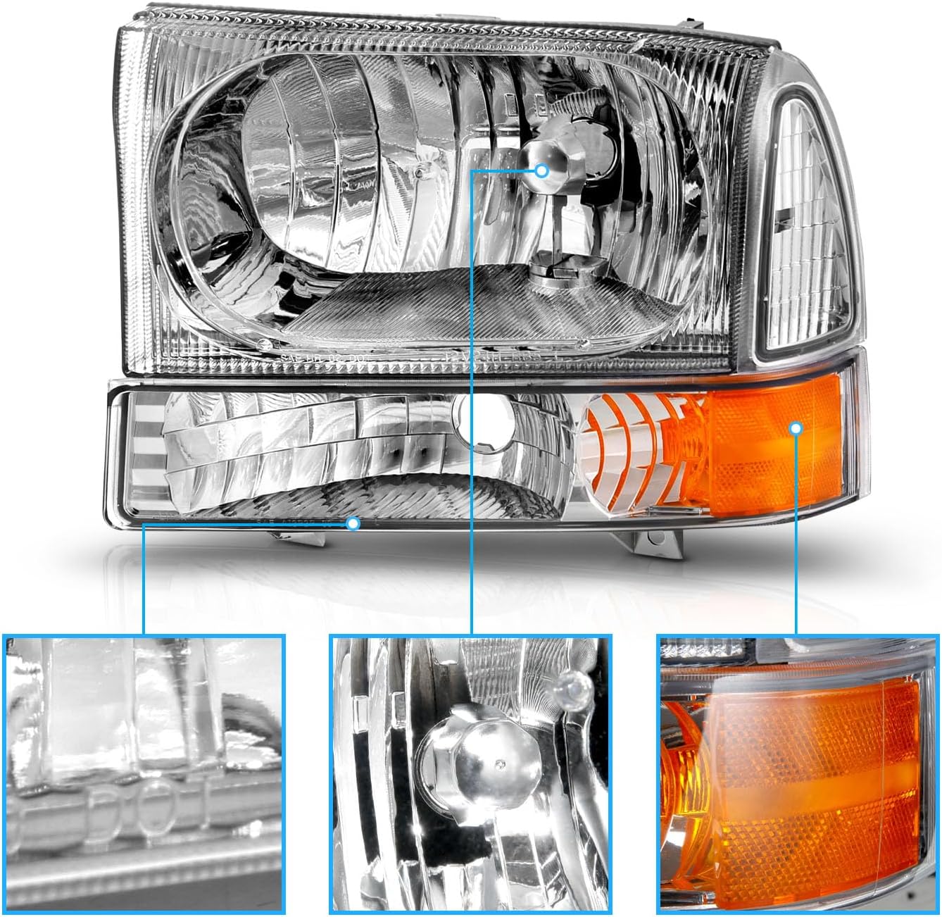 AmeriLite for 1999-2004 Ford Super Duty F250 F350 F450 F550 | Excursion Chrome Factory Style Replacement Headlights w/Corner Bumper Corner Set - Passenger and Driver Side