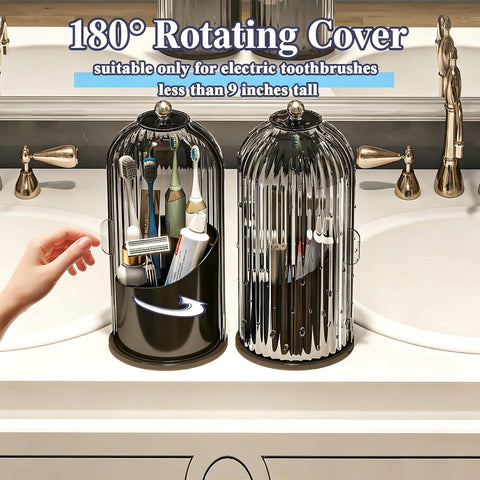 Waterproof Toothbrush Holder with 180° Rotating Cover, Grey Black