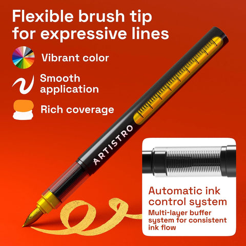 ARTISTRO 5 Gold Paint Pen for Rock, Glass, Ceramic, Wood, Tire, Fabric, Metal, Canvas, Marking, Painting - Set of 5 Acrylic Paint Markers Water-based - Brush Tip with Automatic Ink Control System