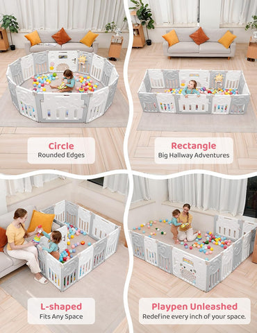 Baby Playpen, 10-Panel Foldable Play Pen for Babies 6-12 Months, Grey White