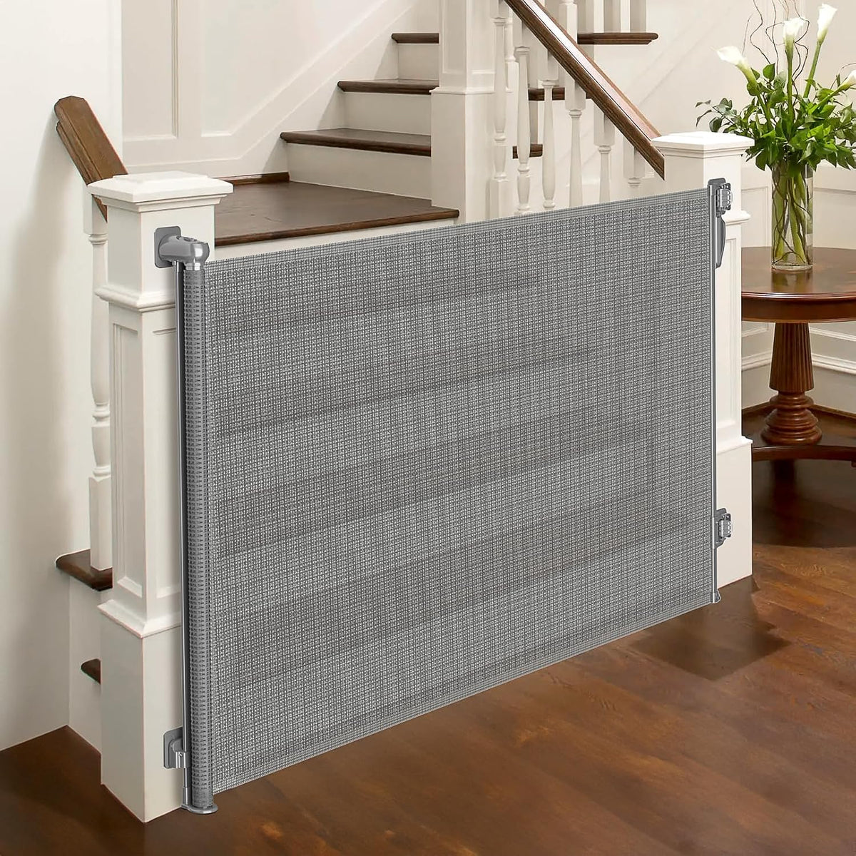 Retractable Baby Gate for Stairs, Dog Gate Indoor 55" Wide × 34" Tall Gray.