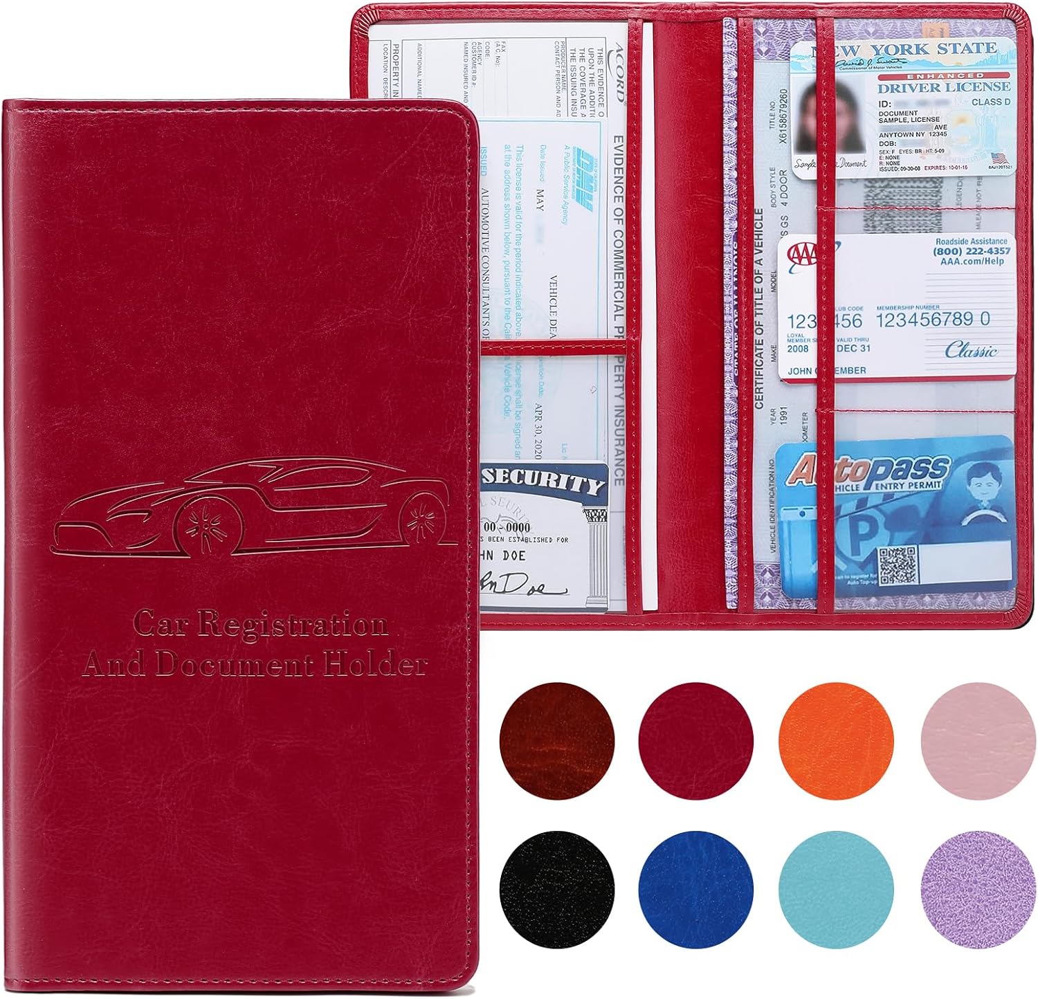 Car Registration and Insurance Card Holder for Women Men, Red Glove Box Paperwork Organizer with Magnetic Buckle for Easy Access and Protect Documents and Various Cards in Vehicle