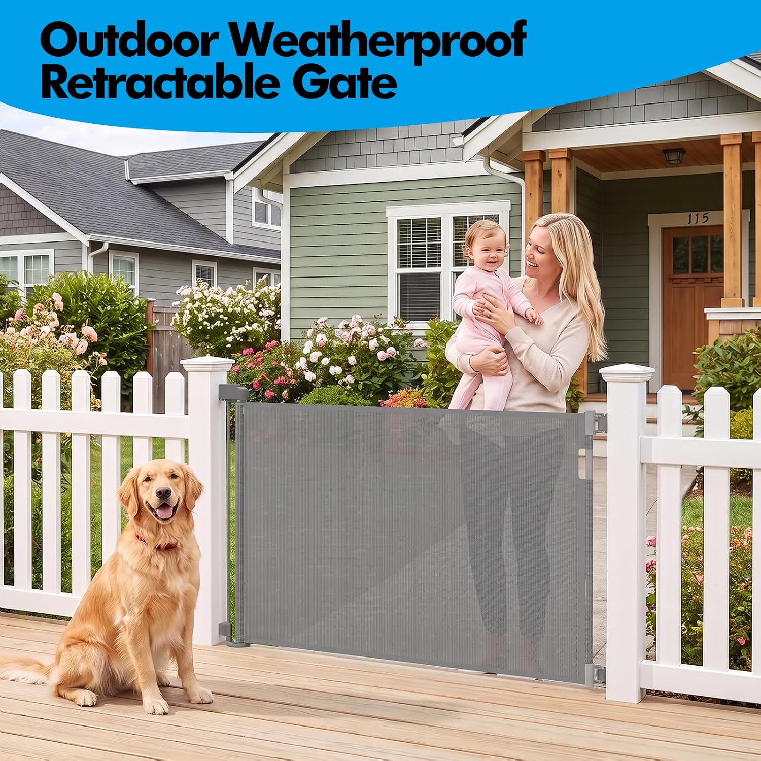 Retractable Baby Gate 55 Inch Wide for Indoor & Outdoor, Mesh Safety Gate