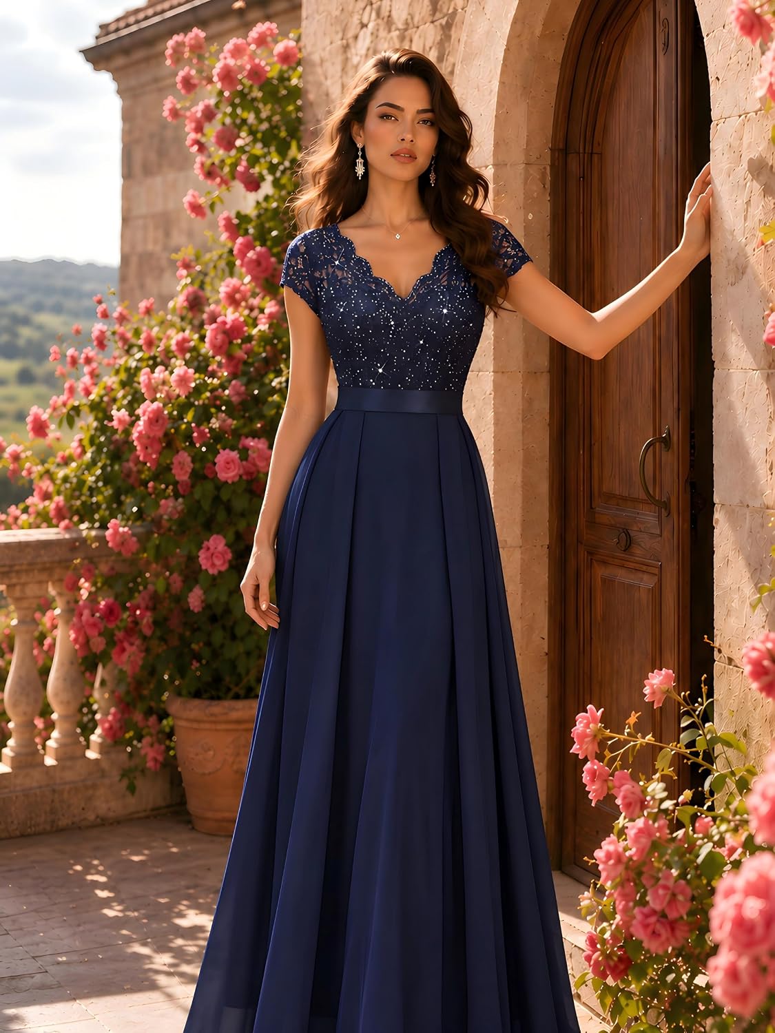 Miusol Women's V-Neck Sequined Floral Lace Formal Evening Maxi Dress