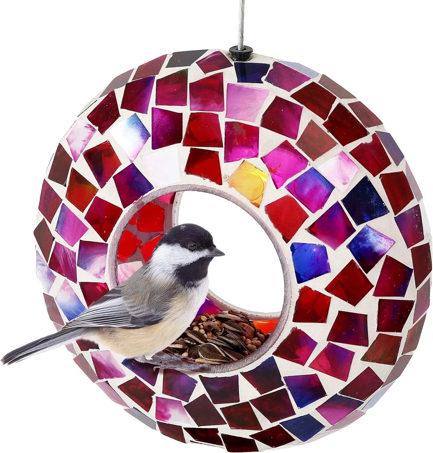 Sunnydaze Mosaic Glass Bird Feeder for Outdoors, Crimson Mosaic