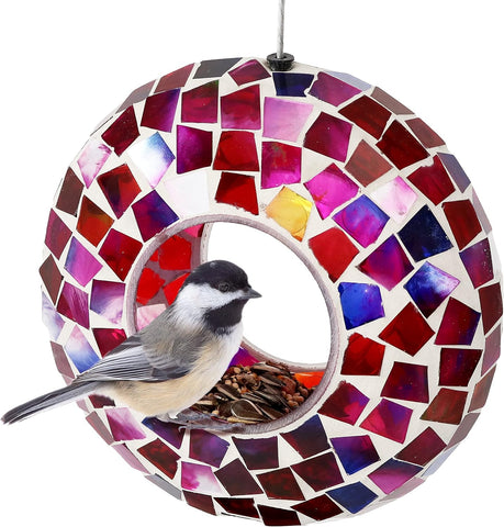 Sunnydaze Mosaic Glass Bird Feeder for Outdoors, Crimson Mosaic