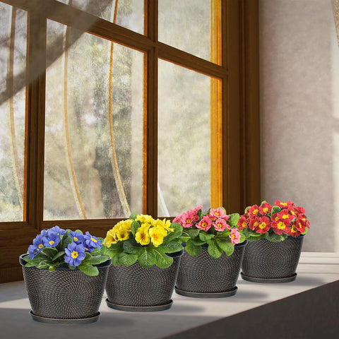 Quarut 4 Pack 6 Inch Flower Pots for Outdoor Indoor, Plastic Plant Pots with Drainage Hole & Saucer, Lightweight Small Flower Pot, Circle Pattern Planters for Garden House planters（Brown）
