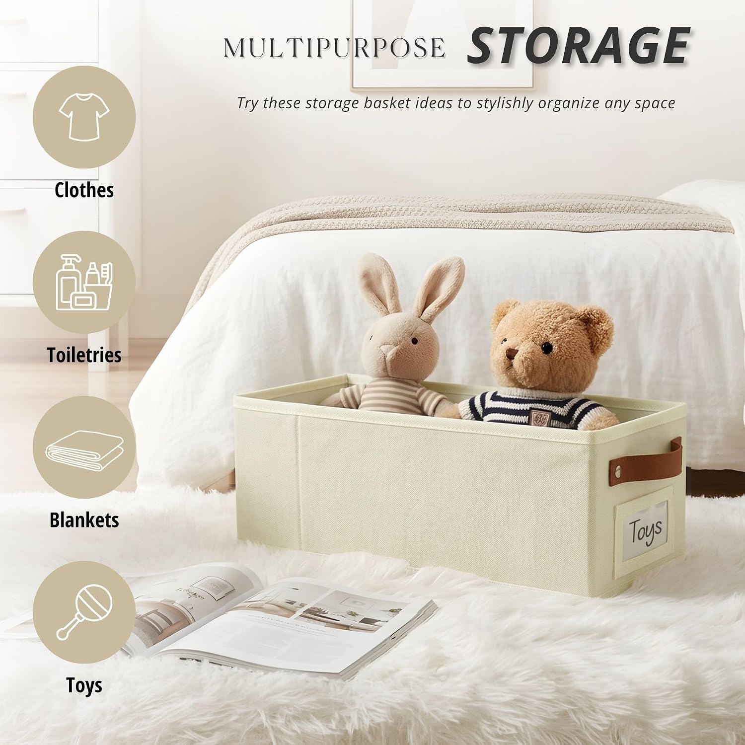 DECOMOMO Narrow Storage Bins, Small Basket with Handles (Beige, 4 Pack)