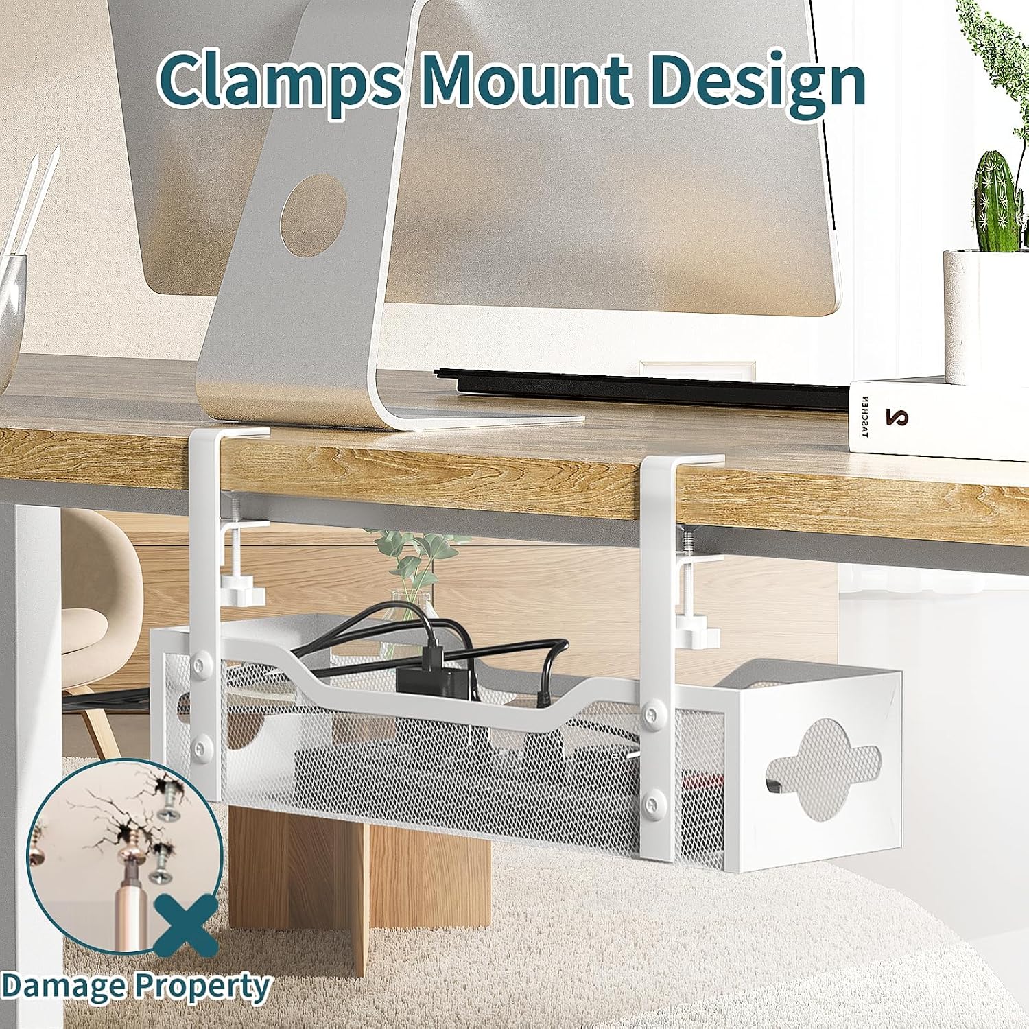Under Desk Cable Management Tray 3 Pack, Cable Management Under Desk No Drill, Cable Organizer with Clamp for Wire Management, Cord Organizer for Office, Home - No Damage to Table (White)