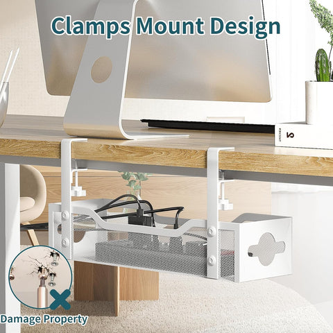 Under Desk Cable Management Tray 3 Pack, Cable Management Under Desk No Drill, Cable Organizer with Clamp for Wire Management, Cord Organizer for Office, Home - No Damage to Table (White)