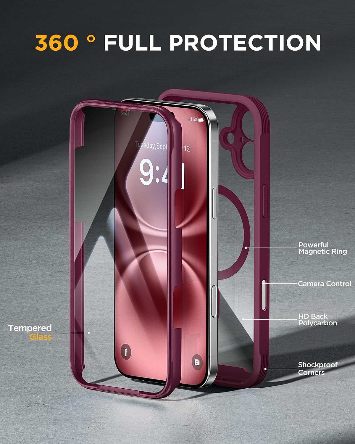 Miracase for iPhone 16 Case 6.1'', [Bubble Free] Full-Body Bumper Phone case with Built-in Full Glass Screen &Lens Protector,No Gap,Compatible with MagSafe,Drop Proof 16 Cover, Plum