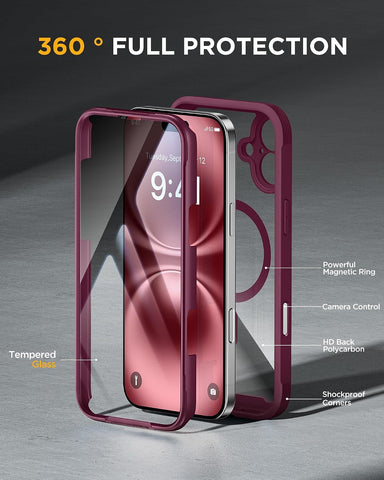 Miracase for iPhone 16 Case 6.1'', [Bubble Free] Full-Body Bumper Phone case with Built-in Full Glass Screen &Lens Protector,No Gap,Compatible with MagSafe,Drop Proof 16 Cover, Plum