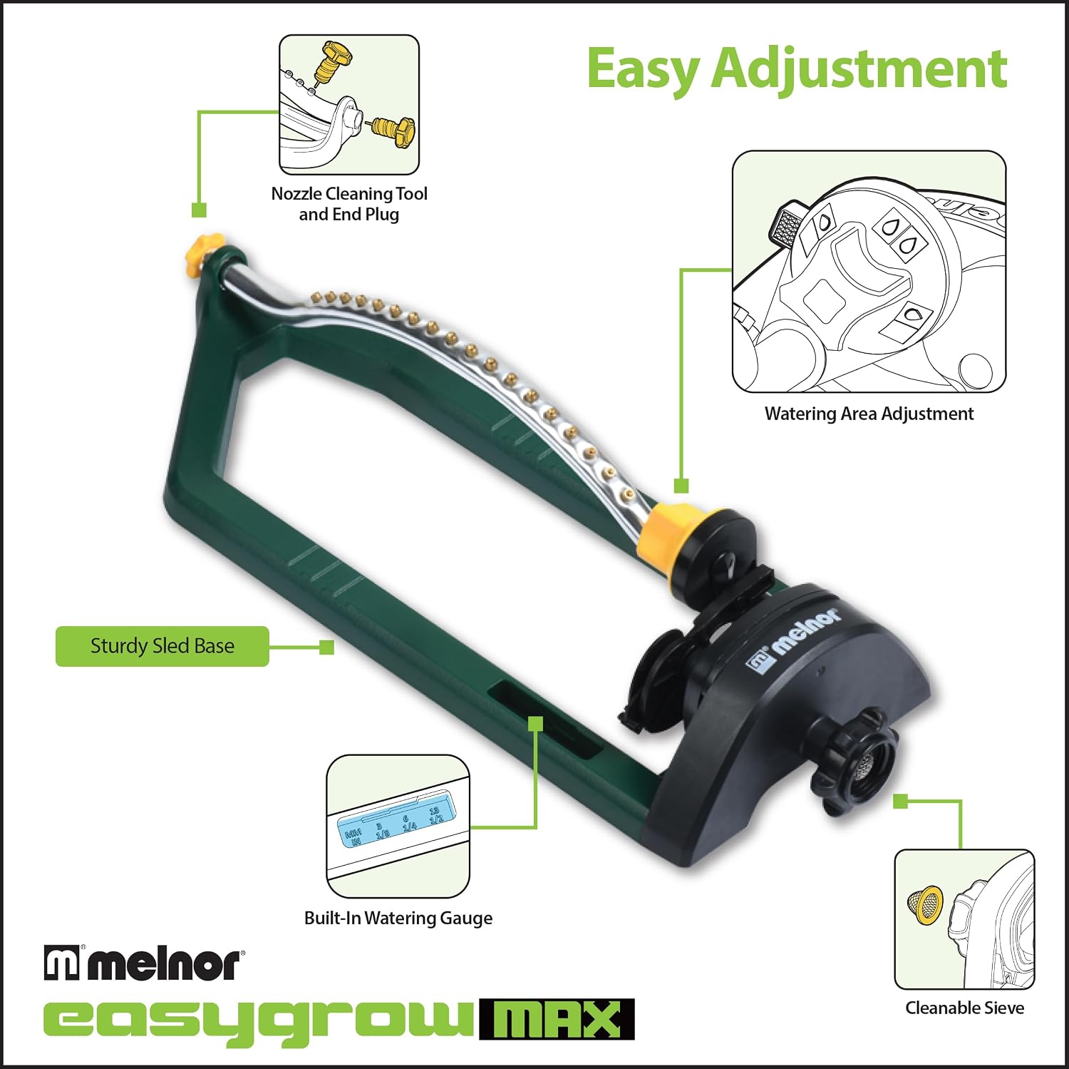 Melnor 65149AMZ Oscillating Sprinkler, 18 Precision Brass Nozzles, Adjustable Coverage, Waters Up to 3,400 Sq. Ft., Quick Connect Bundle, Green, Yellow