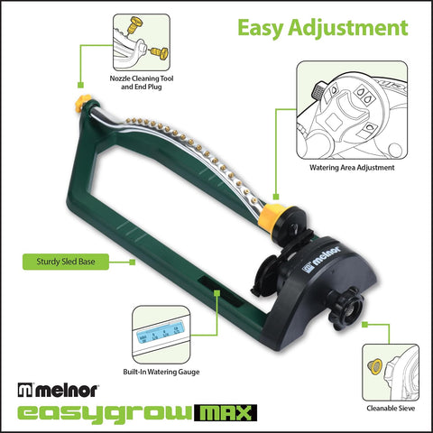 Melnor 65149AMZ Oscillating Sprinkler, 18 Precision Brass Nozzles, Adjustable Coverage, Waters Up to 3,400 Sq. Ft., Quick Connect Bundle, Green, Yellow
