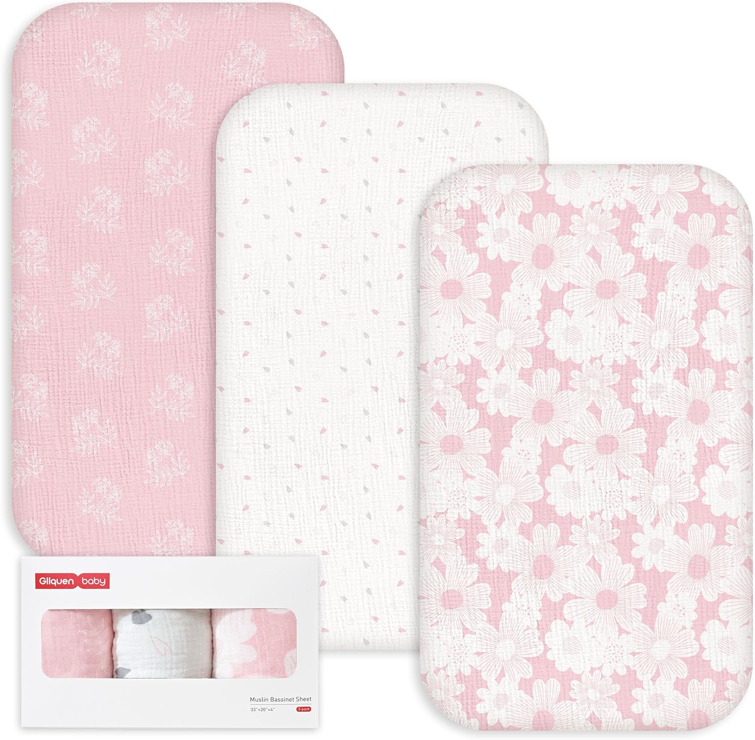 Gllquen Baby 3-Pack Muslin Cotton Bassinet Sheets, 33"x20" Bedside Sleeper