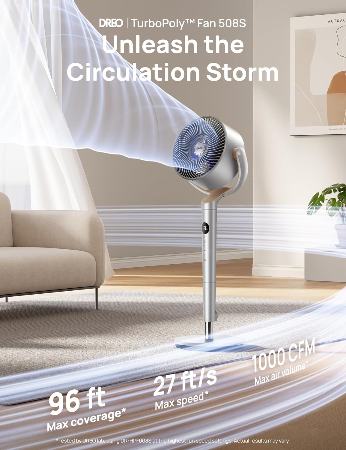 DREO Smart Fans for Bedroom, 120° +120° Omni-Directional Oscillating Fan, 100ft Quiet Pedestal Fan with RGB Light, 9 Speeds, 6 Modes, 8H Timer, Wi-Fi/Voice, 35-40" Floor Fans with Remote, Silver