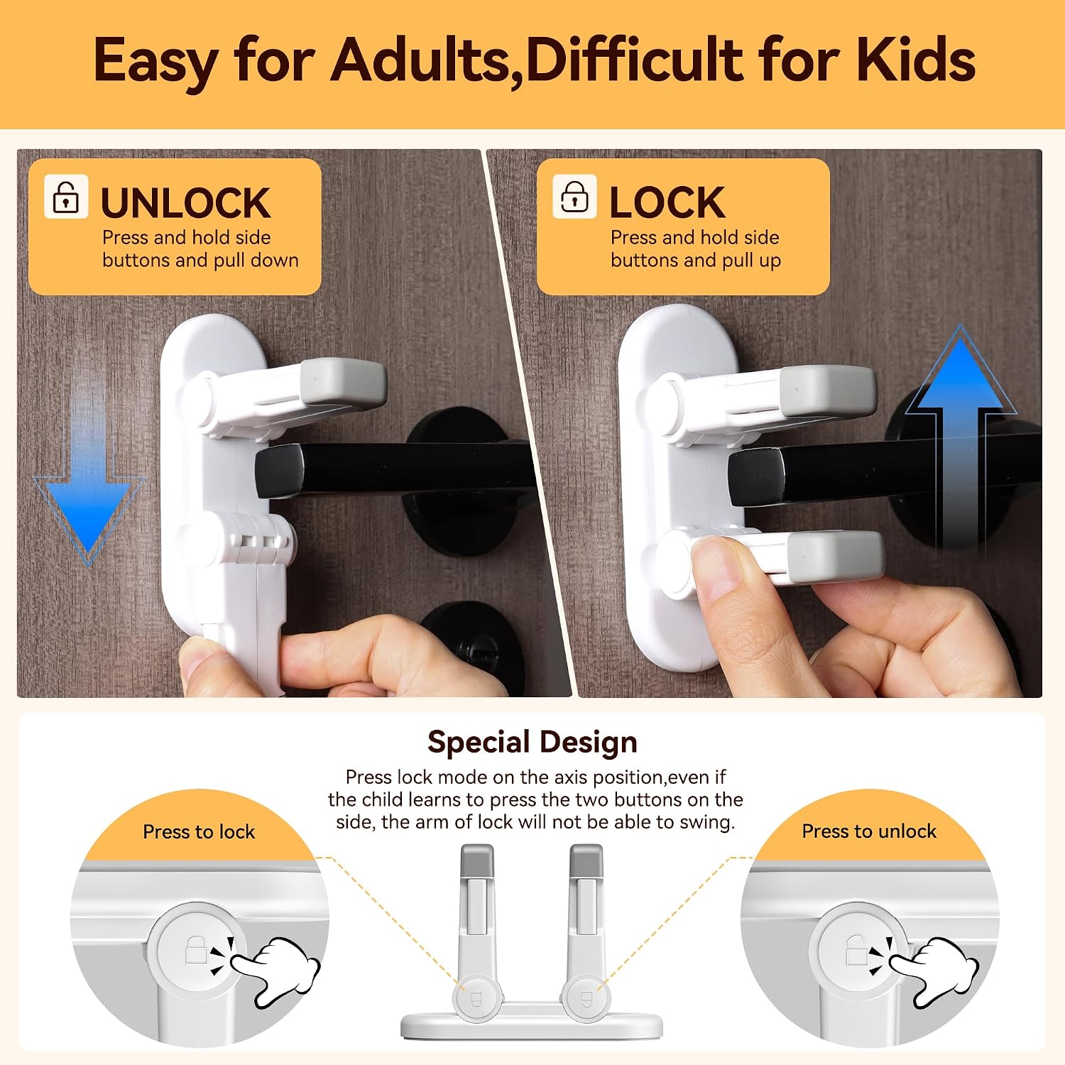 4 Pack Snap-On Door Lever Locks, Child Safety Door Handle Stopper for Baby, Autism Kids-Dual Lock System, No Tools Required Without Drilling (White-4Pack)