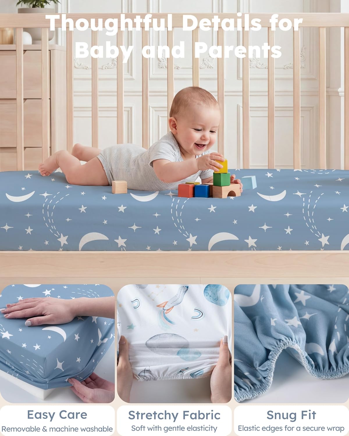Baby Crib Sheets for Boys and Girls, Fitted Crib Sheets 52" x 28", Soft Breathable Microfiber Sheets for Standard Crib and Toddler Mattress, 2-Pack Blue Rocket