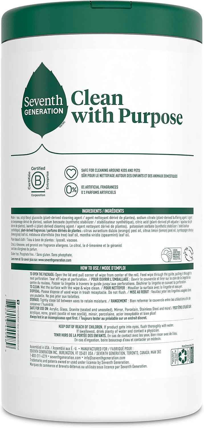 Seventh Generation Multi Surface Wipes All Purpose Cleaning Lemon Zest scent with 100% Essential Oils and Botanical Ingredients 70 count, Pack of 6