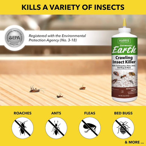 Harris 8 oz Diatomaceous Earth Crawling Insect Killer — 100% Natural Dust for Ants, Roaches, Bed Bugs, Fleas — Indoor & Outdoor Use
