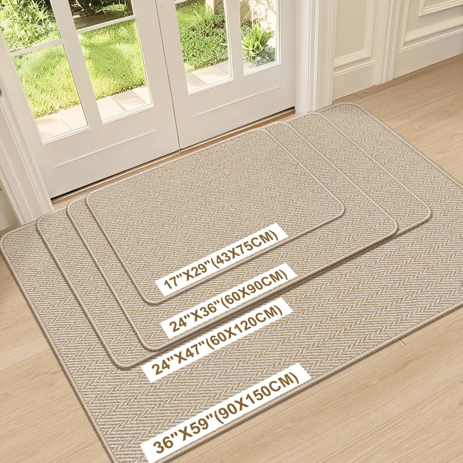 Ultra Thin Door Mat Indoor Entrance 24"x47", Low-Profile Indoor Door Mat, Non Slip Entry Mat Rubber Backing Unique Herringbone Design Inside Doormat Dirt Trapper Entryway Mats, Beige