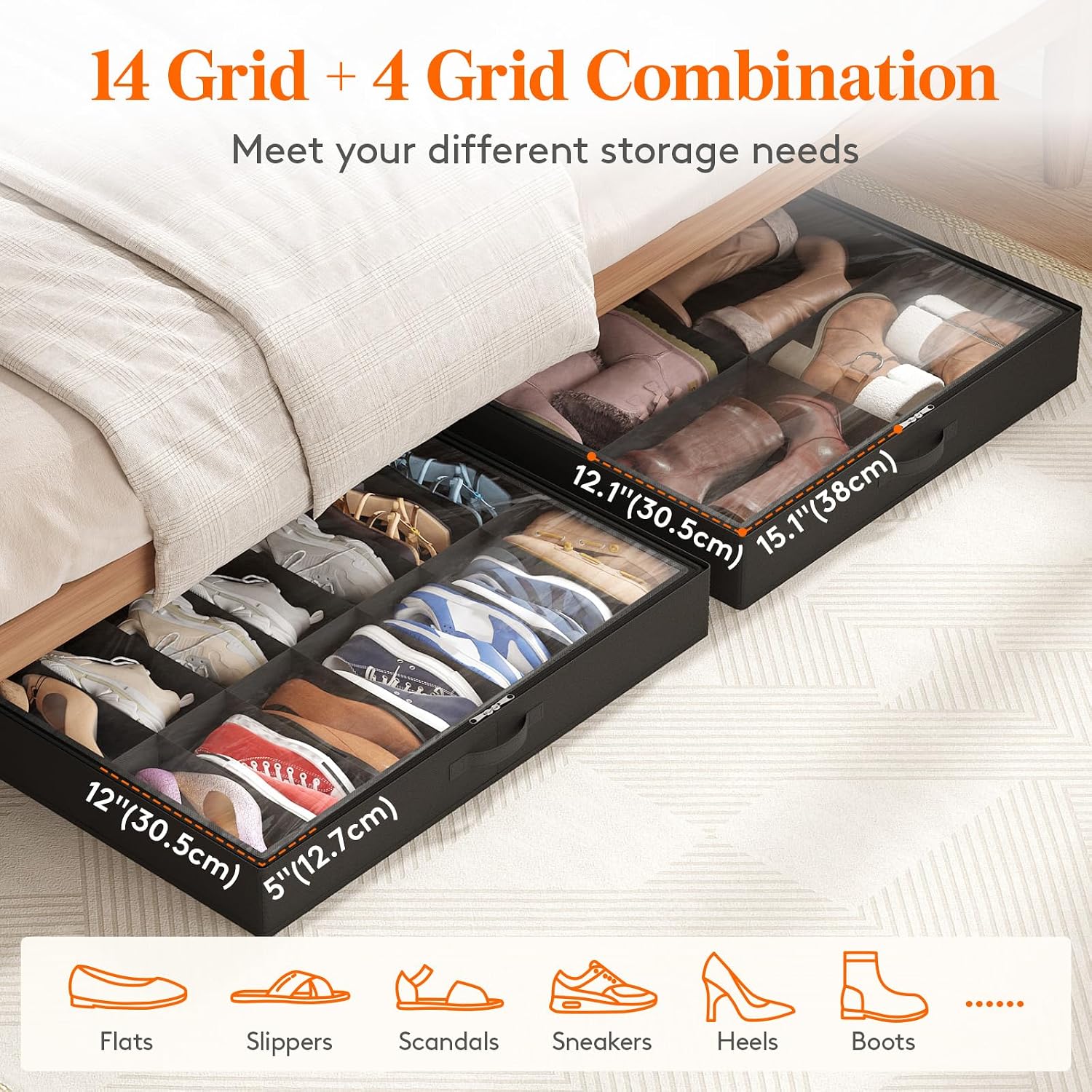 Lifewit Under Bed Shoe Storage Organizer, 1 Pack(14 Shoes +4 Boots Cells)