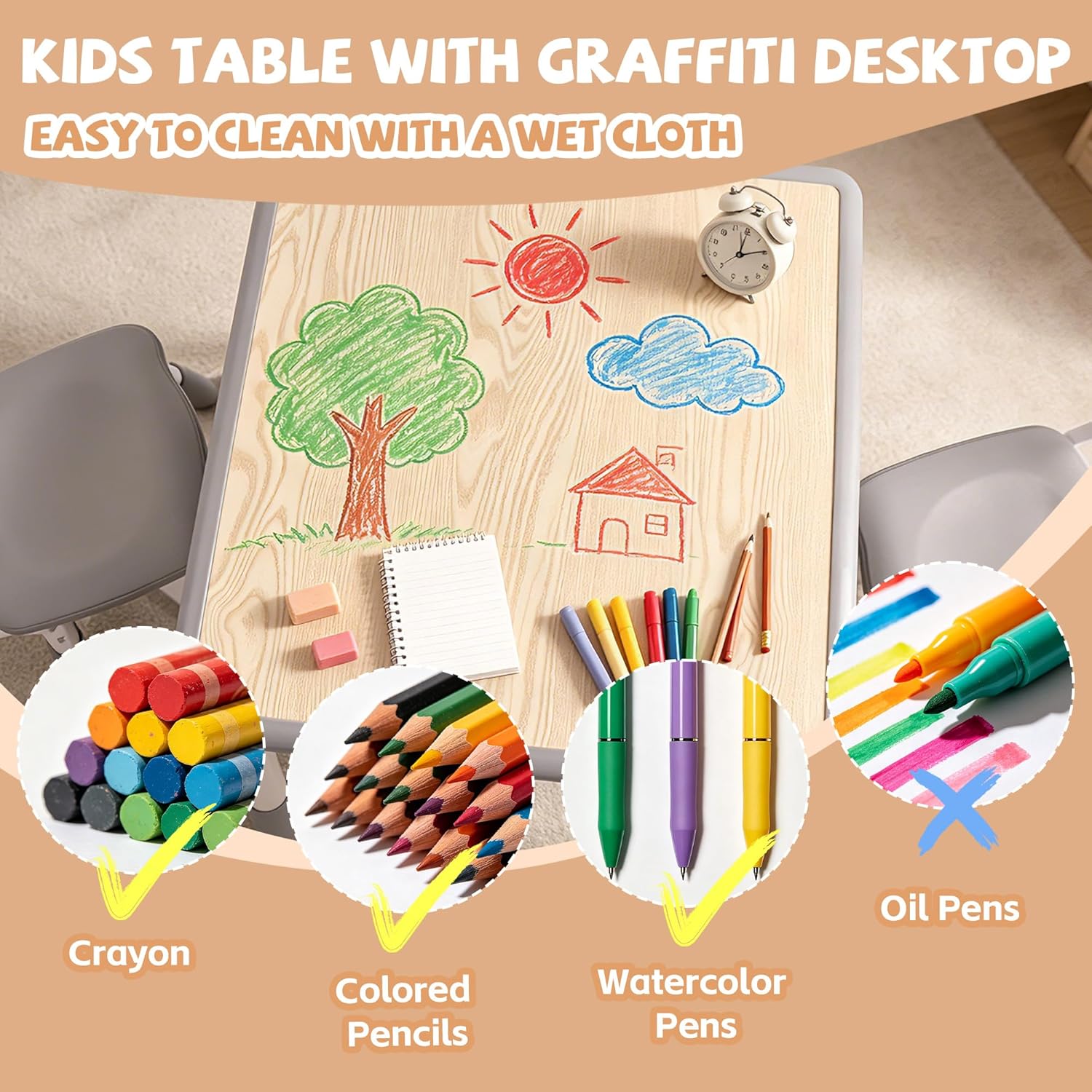 Pterying Toddler Table and Chair Set, Graffiti Tabletop, 2 Chairs, Grey