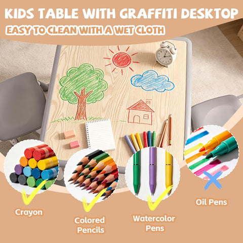 Pterying Toddler Table and Chair Set, Graffiti Tabletop, 2 Chairs, Grey