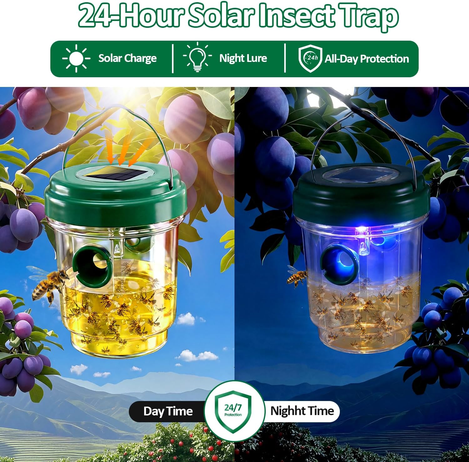 Wasp Trap, Solar Wasp Traps Outdoor Hanging, Yellow Jacket Traps, Carpenter Bee and Hornet Catcher, Reusable Wasp Traps with Led Light, Bee Killer and Wasp Catcher for Outside Patio Backyard Garden