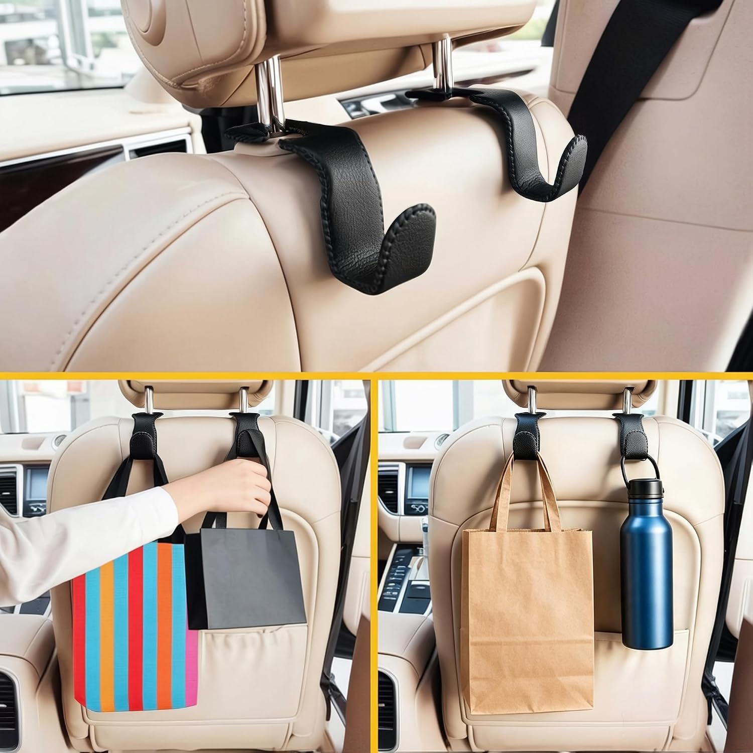 EldHus Headrest Hooks for Purses and Bags, 2 Pack Car Seat Hooks for Grocery Bag Handbag, Metal Car Purse Holder Covered by Leather, Black