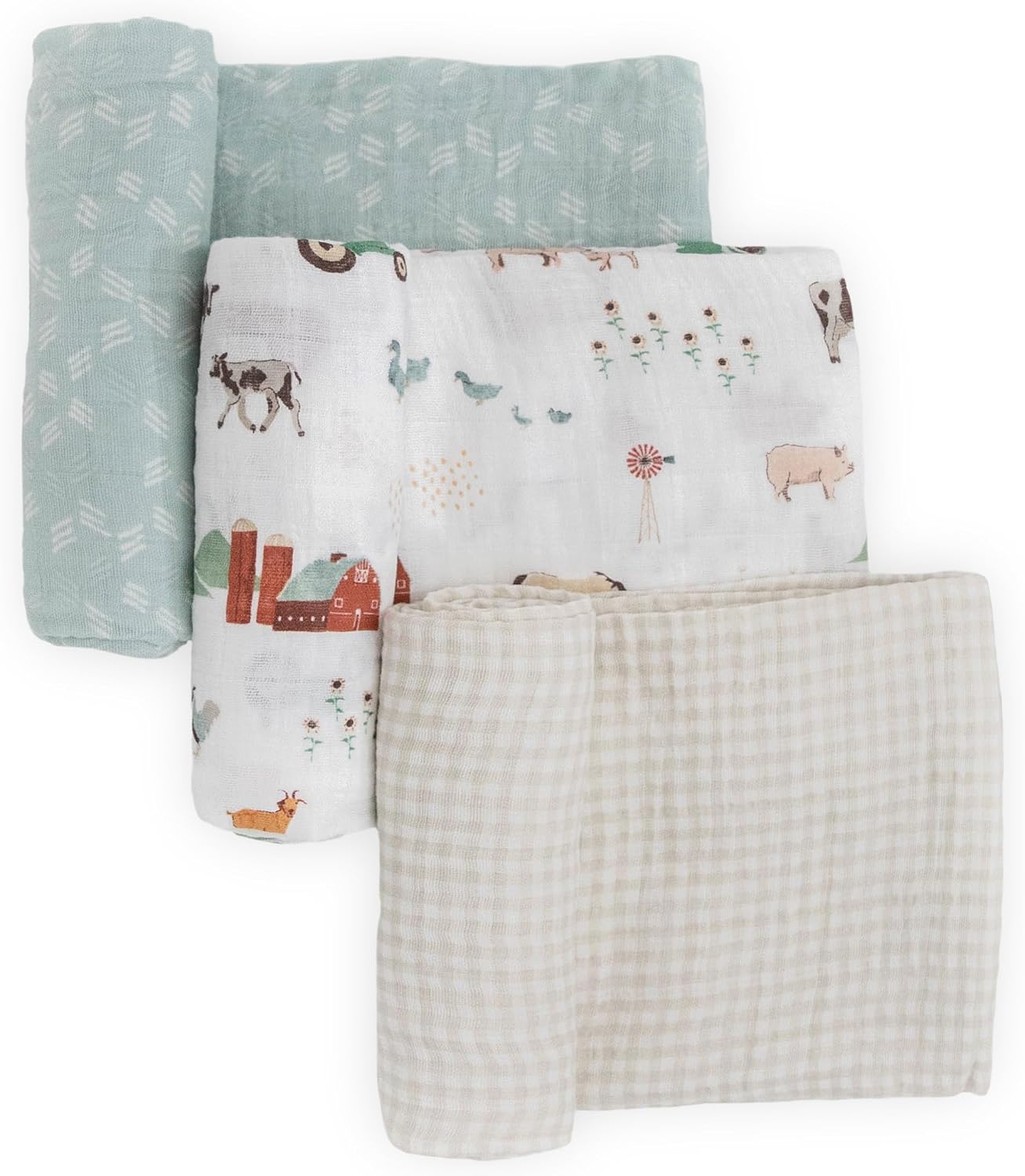 Little Unicorn Muslin Swaddle Blanket for Newborns & Infants | Soft & Breathable Fabric | Set of 3 Baby Blankets for Swaddling, Nursing, Shower Gifts (Farmyard)